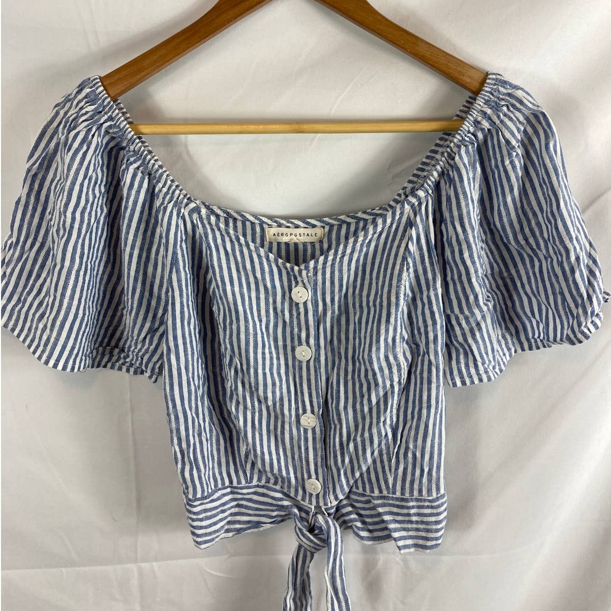 Aeropostale Stripe Tie Waist Puffy Sleeve Off Shoulder Cropped Top Small